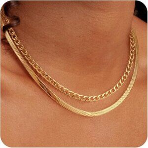Layered Gold Necklaces for Women - 18K Gold Plated Herringbone Paperclip Chain